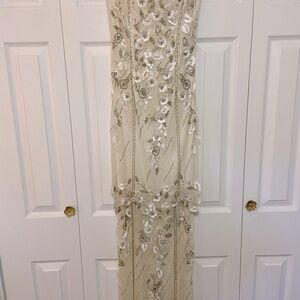 Cache white beaded strap long dress with floral appliqué